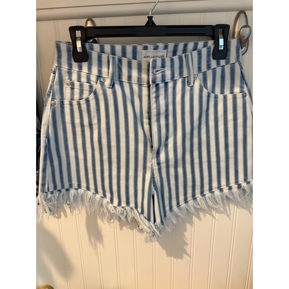 NWT Avec Les Filles Blue and White Striped Jean Shorts